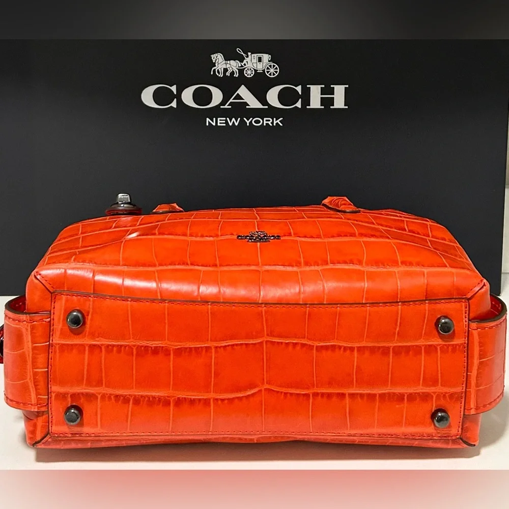 COACH Brooklyn 28 Leather Croc Embossed Satchel/Crossbody Bag in Deep Coral_8